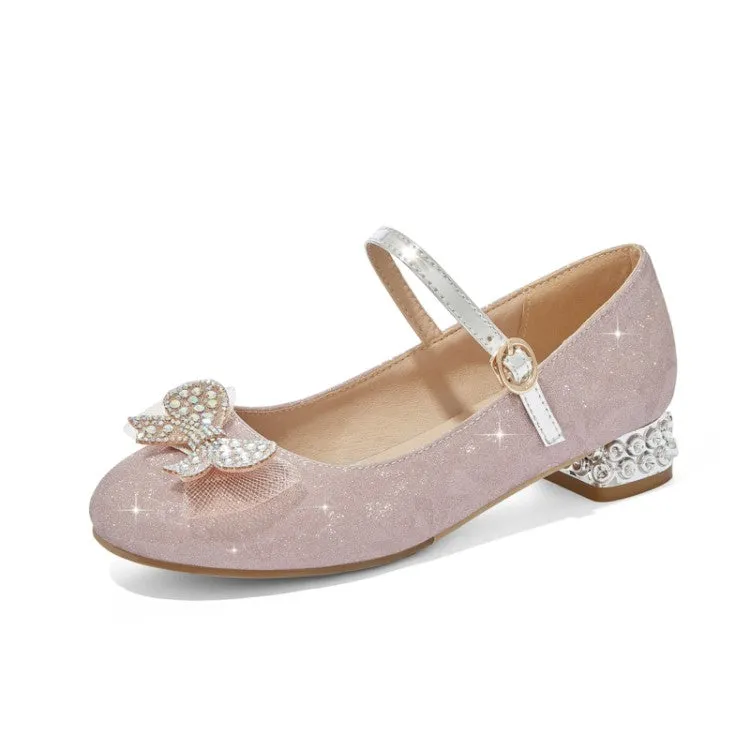 Women's Sparkling Glitter Rhinestone Bow Tie Block Heel Mary Jane Pumps