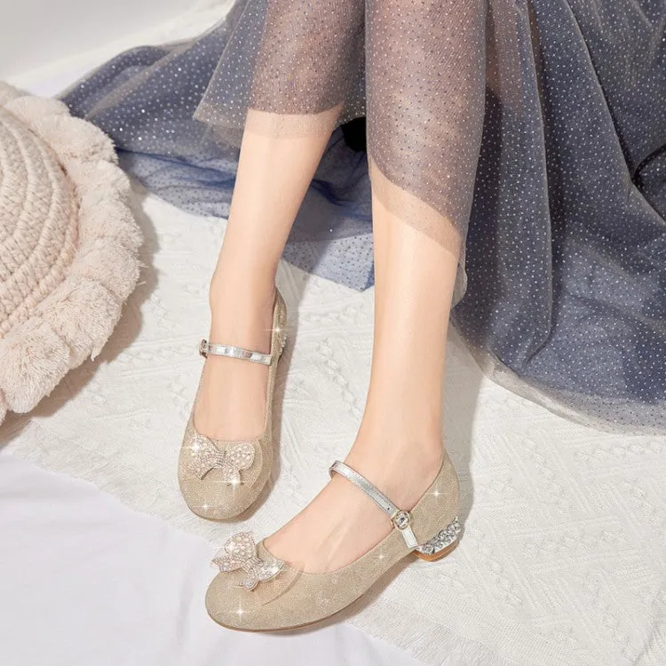 Women's Sparkling Glitter Rhinestone Bow Tie Block Heel Mary Jane Pumps