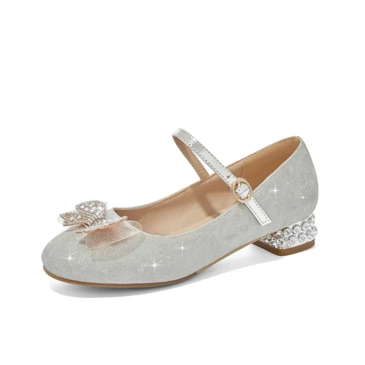 Women's Sparkling Glitter Rhinestone Bow Tie Block Heel Mary Jane Pumps