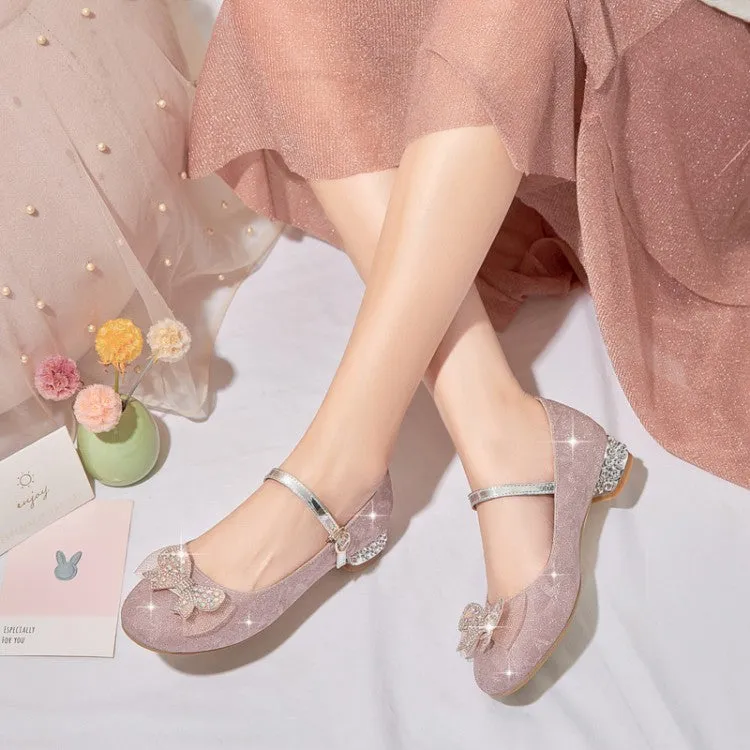 Women's Sparkling Glitter Rhinestone Bow Tie Block Heel Mary Jane Pumps