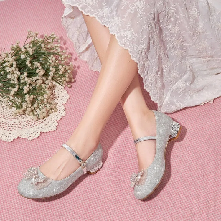 Women's Sparkling Glitter Rhinestone Bow Tie Block Heel Mary Jane Pumps