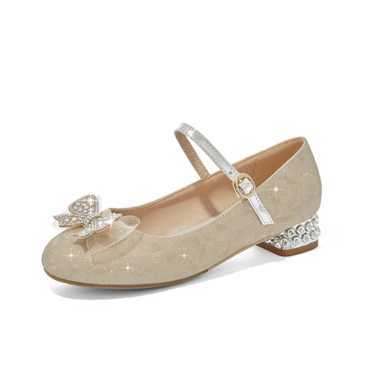 Women's Sparkling Glitter Rhinestone Bow Tie Block Heel Mary Jane Pumps
