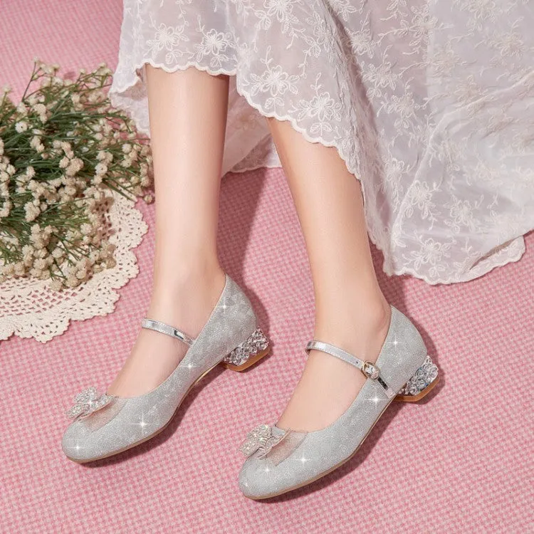 Women's Sparkling Glitter Rhinestone Bow Tie Block Heel Mary Jane Pumps