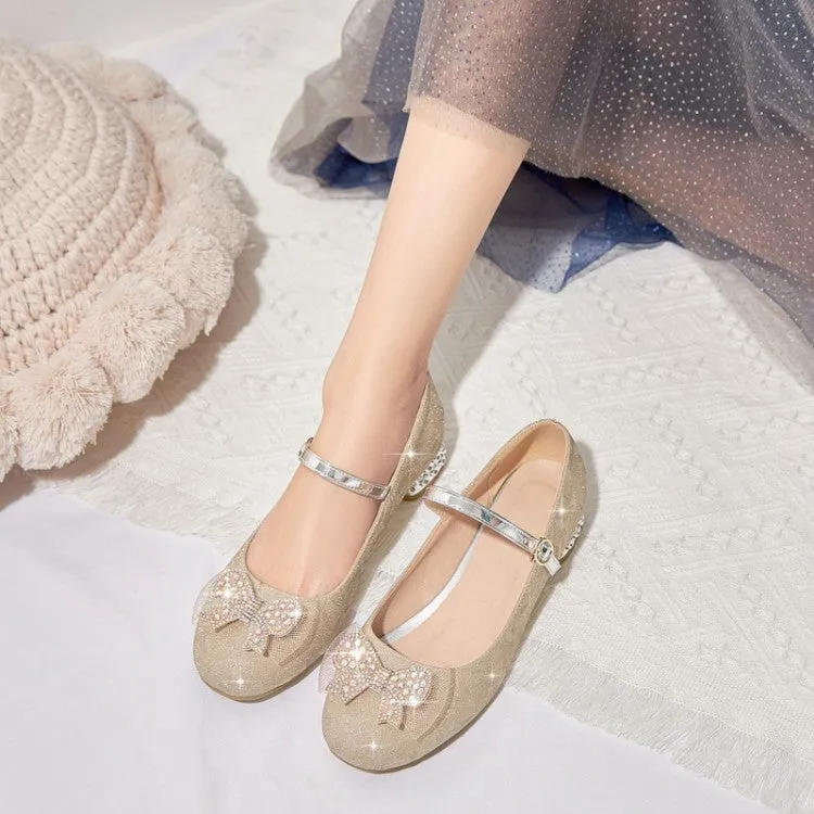 Women's Sparkling Glitter Rhinestone Bow Tie Block Heel Mary Jane Pumps