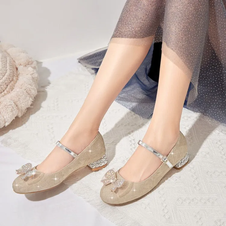 Women's Sparkling Glitter Rhinestone Bow Tie Block Heel Mary Jane Pumps