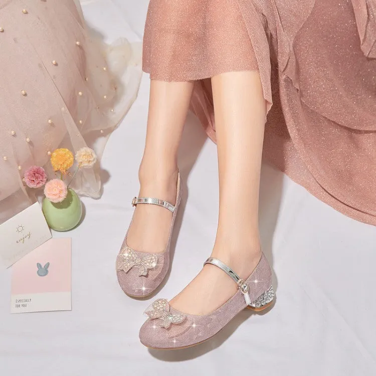 Women's Sparkling Glitter Rhinestone Bow Tie Block Heel Mary Jane Pumps