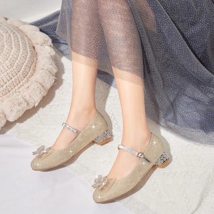 Women's Sparkling Glitter Rhinestone Bow Tie Block Heel Mary Jane Pumps