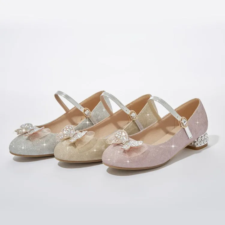 Women's Sparkling Glitter Rhinestone Bow Tie Block Heel Mary Jane Pumps