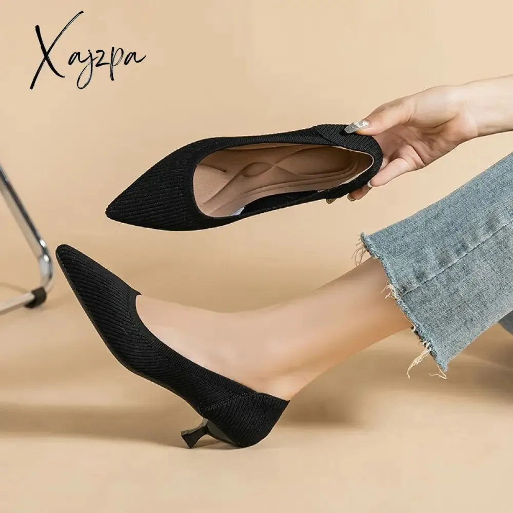 Xajzpa - Spring and Autumn Women&#39;s Large Shoes 2023 High Heels Solid Color Knitted Breathable Rubber Non slip Sole Latex Insole Work Shoe