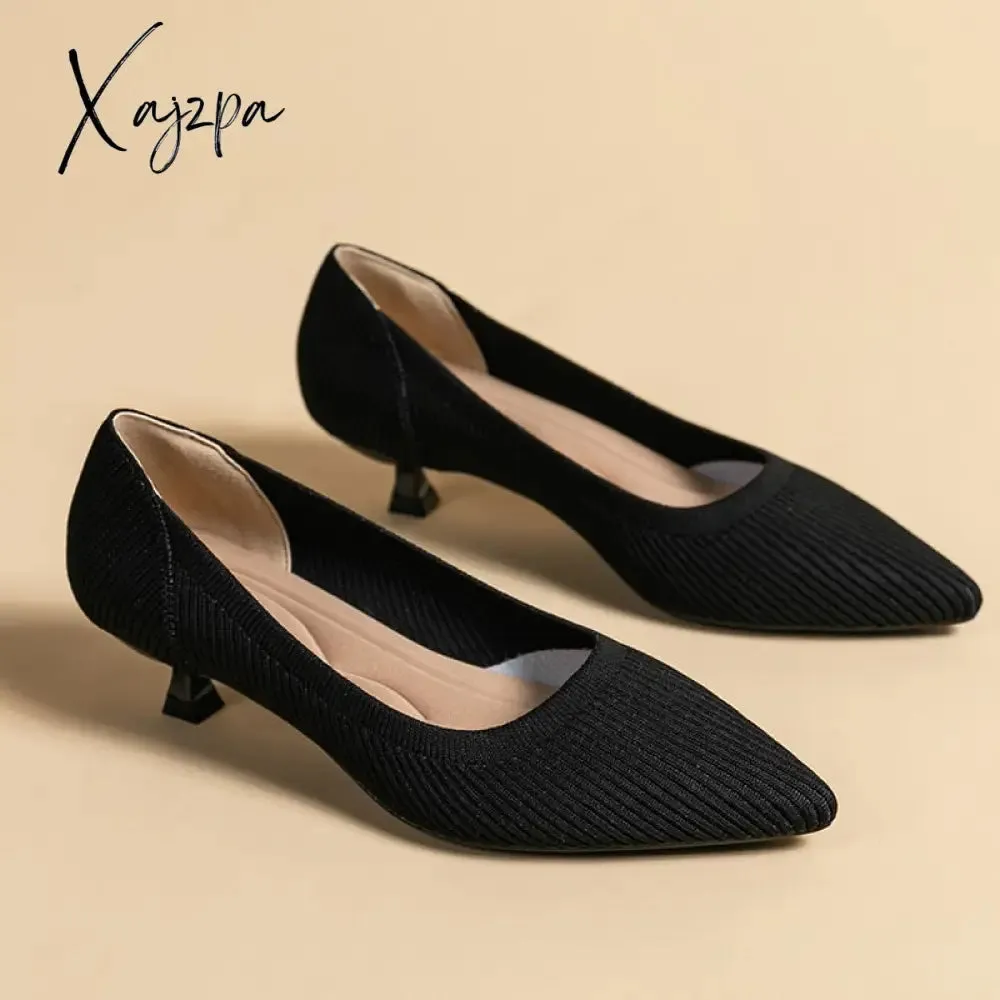 Xajzpa - Spring and Autumn Women&#39;s Large Shoes 2023 High Heels Solid Color Knitted Breathable Rubber Non slip Sole Latex Insole Work Shoe