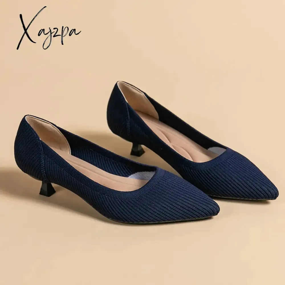Xajzpa - Spring and Autumn Women&#39;s Large Shoes 2023 High Heels Solid Color Knitted Breathable Rubber Non slip Sole Latex Insole Work Shoe