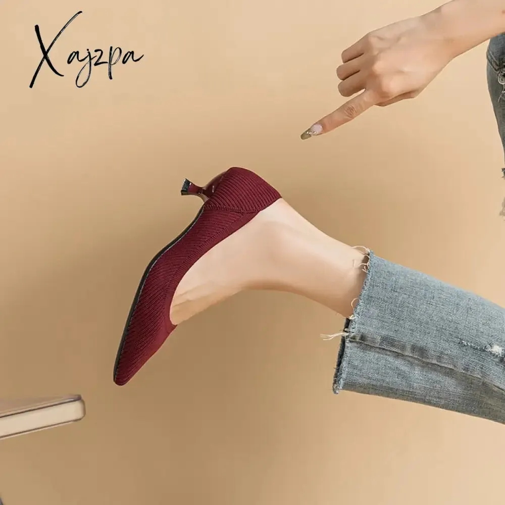 Xajzpa - Spring and Autumn Women&#39;s Large Shoes 2023 High Heels Solid Color Knitted Breathable Rubber Non slip Sole Latex Insole Work Shoe
