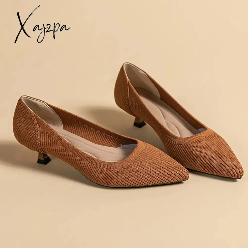 Xajzpa - Spring and Autumn Women&#39;s Large Shoes 2023 High Heels Solid Color Knitted Breathable Rubber Non slip Sole Latex Insole Work Shoe