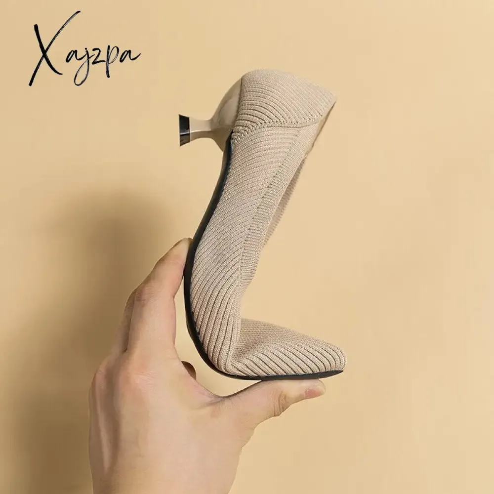 Xajzpa - Spring and Autumn Women&#39;s Large Shoes 2023 High Heels Solid Color Knitted Breathable Rubber Non slip Sole Latex Insole Work Shoe