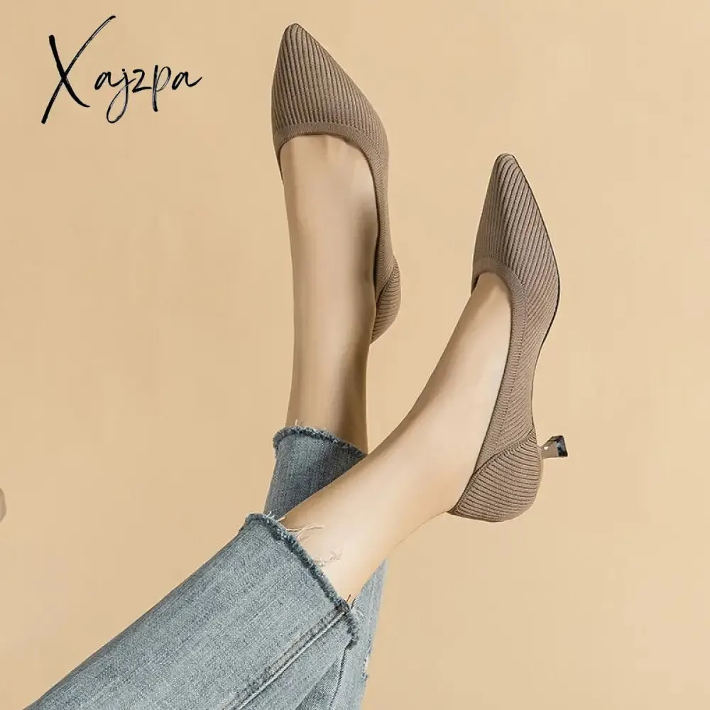 Xajzpa - Spring and Autumn Women&#39;s Large Shoes 2023 High Heels Solid Color Knitted Breathable Rubber Non slip Sole Latex Insole Work Shoe