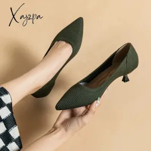 Xajzpa - Spring and Autumn Women&#39;s Large Shoes 2023 High Heels Solid Color Knitted Breathable Rubber Non slip Sole Latex Insole Work Shoe