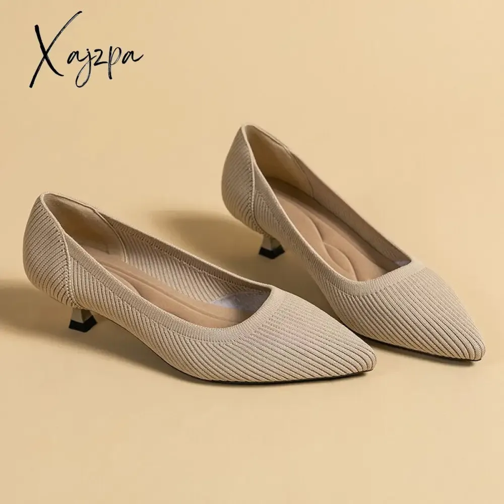 Xajzpa - Spring and Autumn Women&#39;s Large Shoes 2023 High Heels Solid Color Knitted Breathable Rubber Non slip Sole Latex Insole Work Shoe