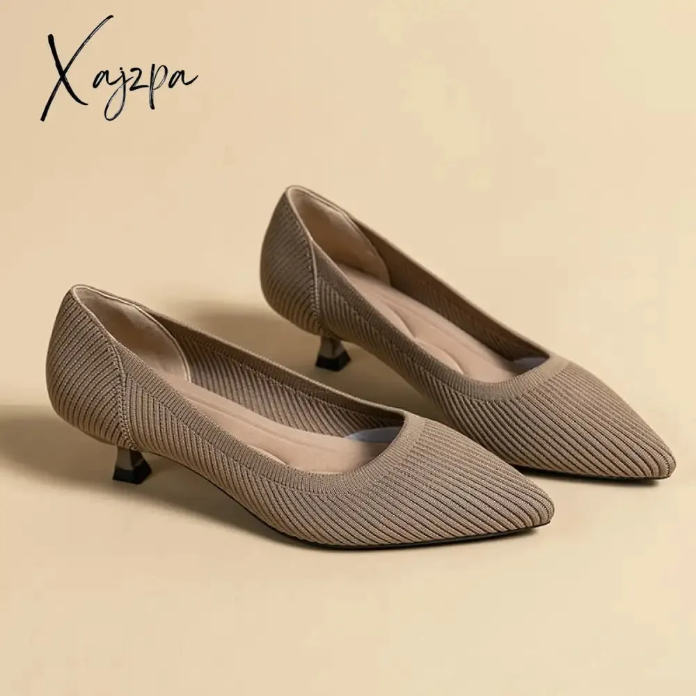 Xajzpa - Spring and Autumn Women&#39;s Large Shoes 2023 High Heels Solid Color Knitted Breathable Rubber Non slip Sole Latex Insole Work Shoe