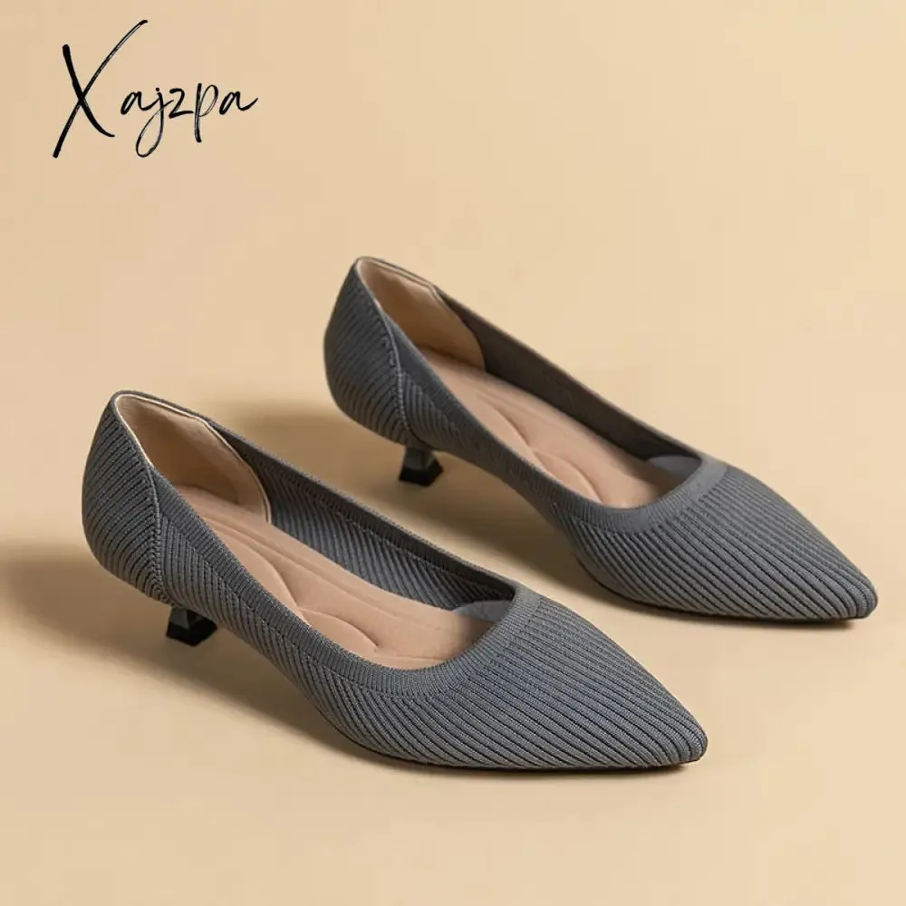 Xajzpa - Spring and Autumn Women&#39;s Large Shoes 2023 High Heels Solid Color Knitted Breathable Rubber Non slip Sole Latex Insole Work Shoe