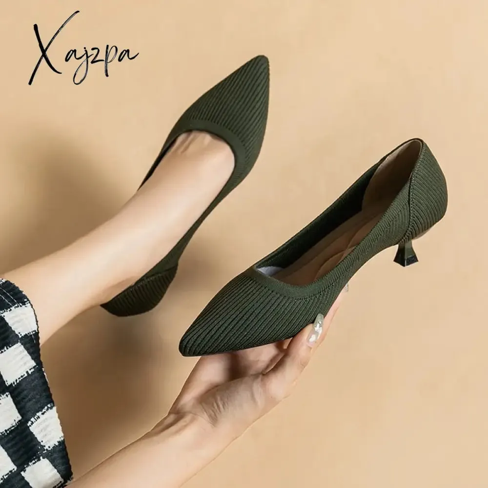 Xajzpa - Spring and Autumn Women&#39;s Large Shoes 2023 High Heels Solid Color Knitted Breathable Rubber Non slip Sole Latex Insole Work Shoe